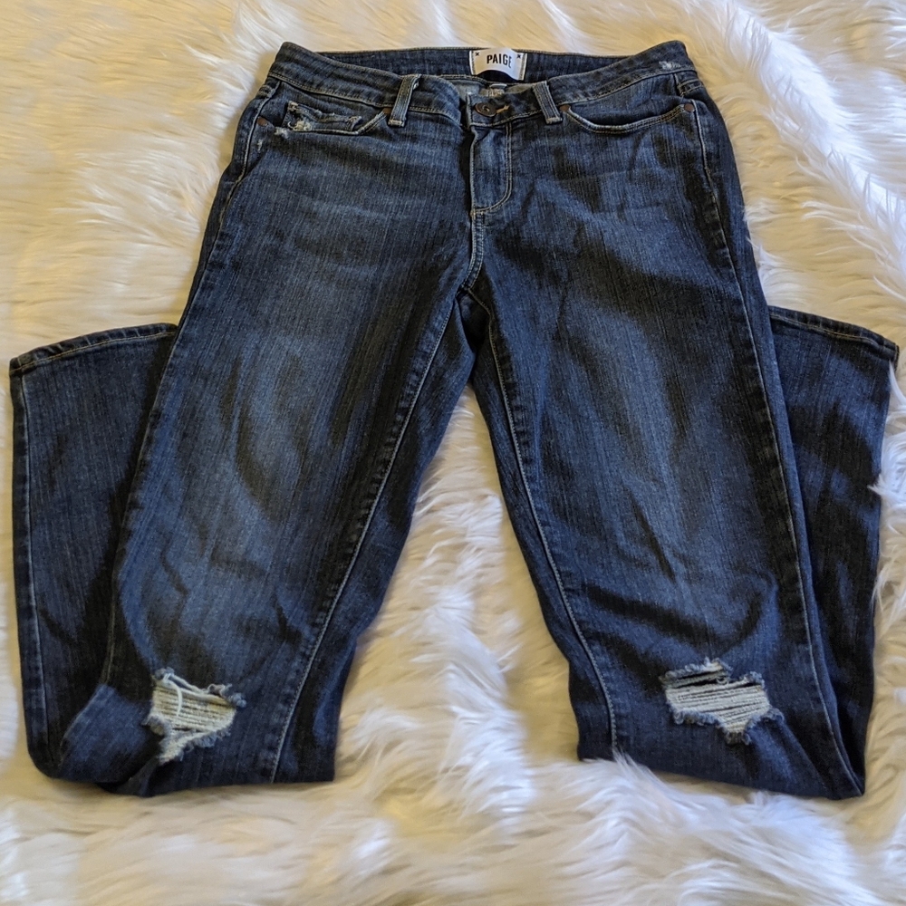 PAIGE Dark Wash Skinny Jeans with Knee Distress